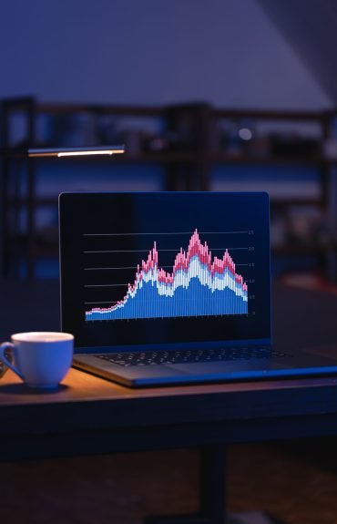 Computer in a dark room with graphs on the screen. Laptop monitor with stock chart at workplace. Investment data price crypto currency market graph.
